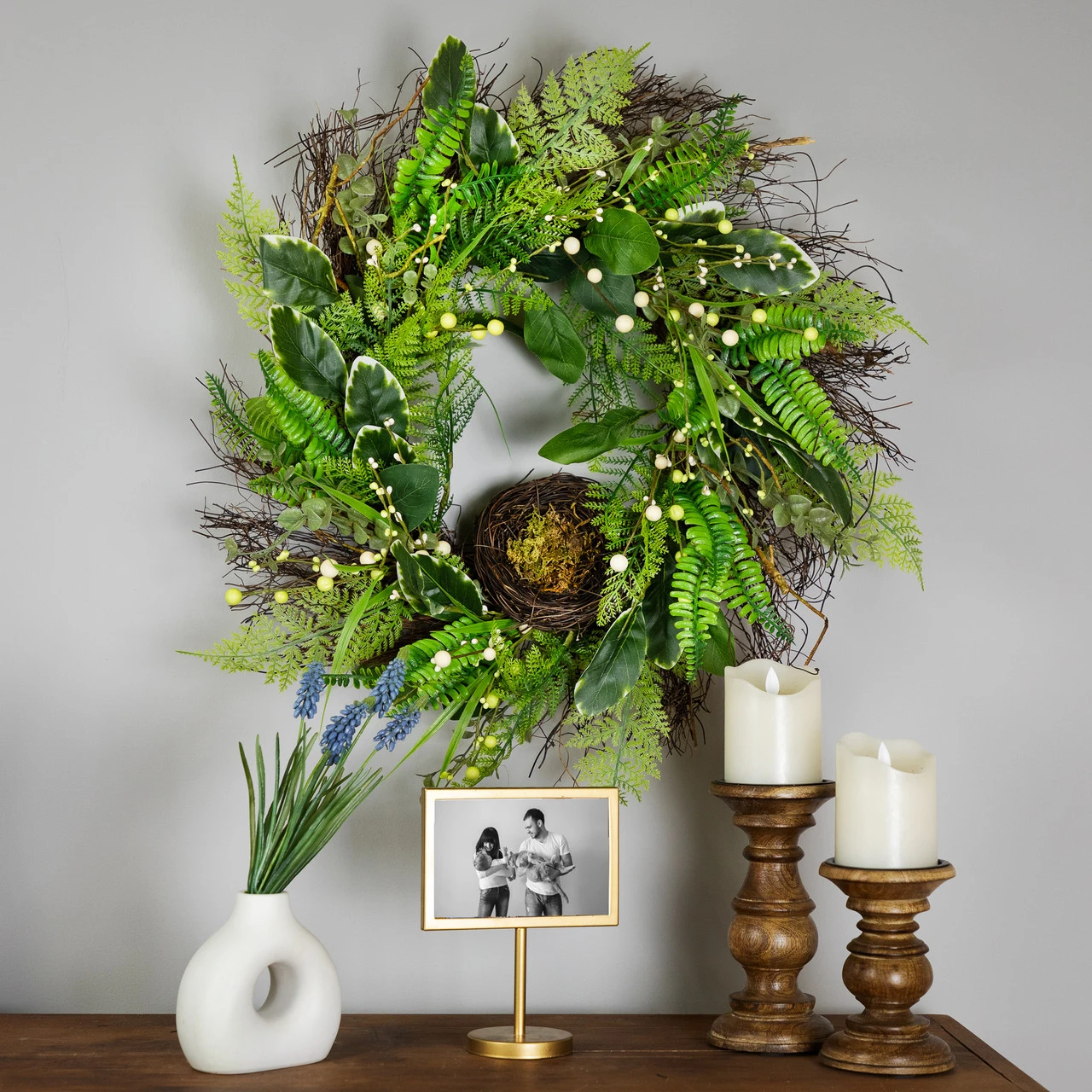 Green And Brown Foliage Artificial Spring Wreath With Nest - 24-Inch, Unlit 4 Green And Brown Foliage Artificial Spring Wreath With Nest - 24-Inch, Unlit - Image 2