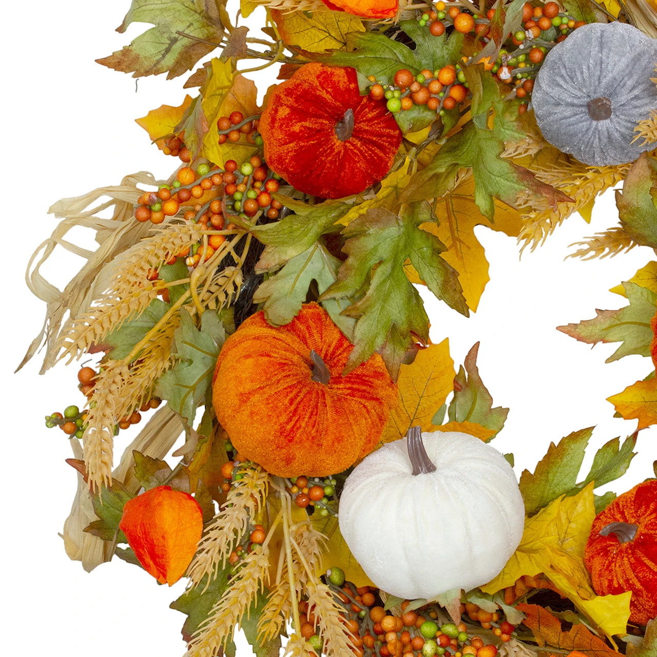 Velvet Pumpkins And Wheat Artificial Fall Harvest Wreath - 24-Inch, Unlit 5 Velvet Pumpkins And Wheat Artificial Fall Harvest Wreath - 24-Inch, Unlit - Image 3