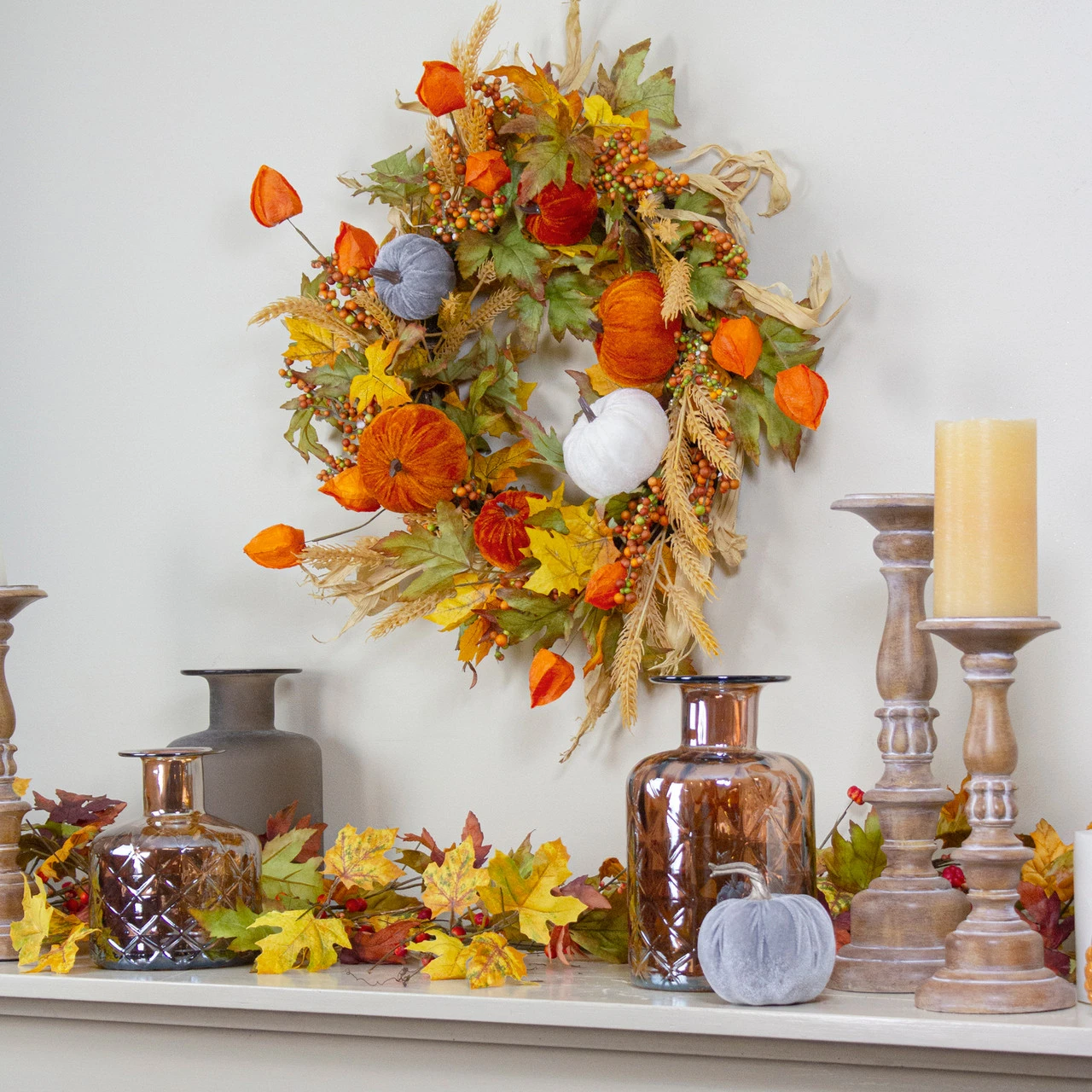 Velvet Pumpkins And Wheat Artificial Fall Harvest Wreath - 24-Inch, Unlit 4 Velvet Pumpkins And Wheat Artificial Fall Harvest Wreath - 24-Inch, Unlit - Image 2