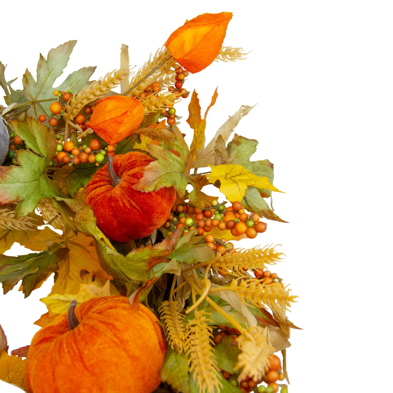 Velvet Pumpkins And Wheat Artificial Fall Harvest Wreath - 24-Inch, Unlit 6 Velvet Pumpkins And Wheat Artificial Fall Harvest Wreath - 24-Inch, Unlit - Image 4