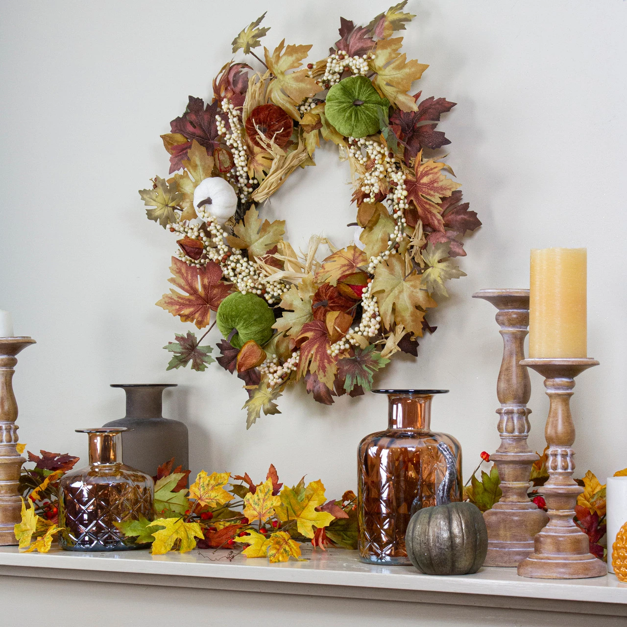 Green Pumpkins And Straw Artificial Fall Harvest Wreath - 24 Inch, Unlit 4 Green Pumpkins And Straw Artificial Fall Harvest Wreath - 24 Inch, Unlit - Image 2