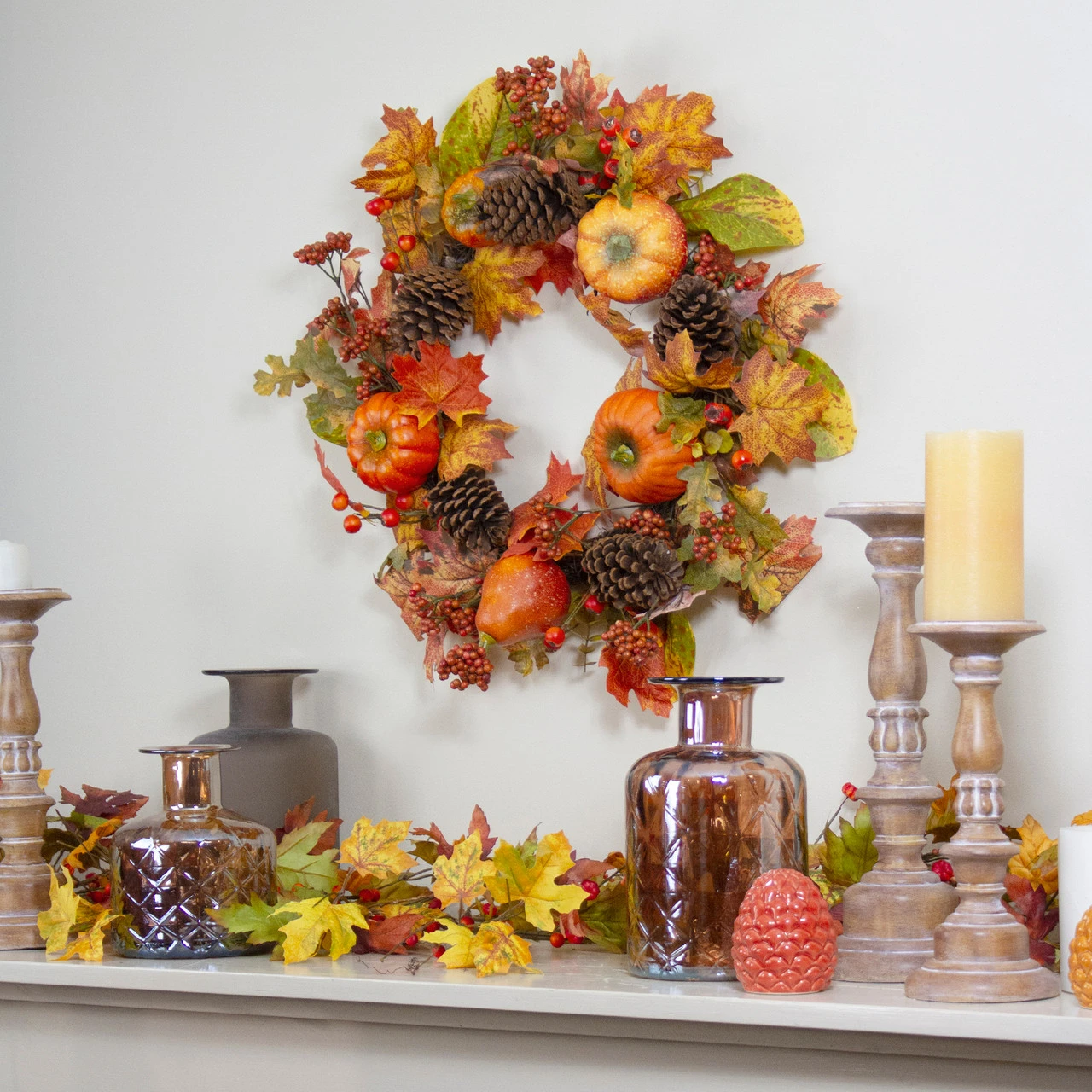Orange Pumpkins, Pine Cones And Berries Fall Harvest Wreath - 24 Inch, Unlit 4 Orange Pumpkins, Pine Cones And Berries Fall Harvest Wreath - 24 Inch, Unlit - Image 2