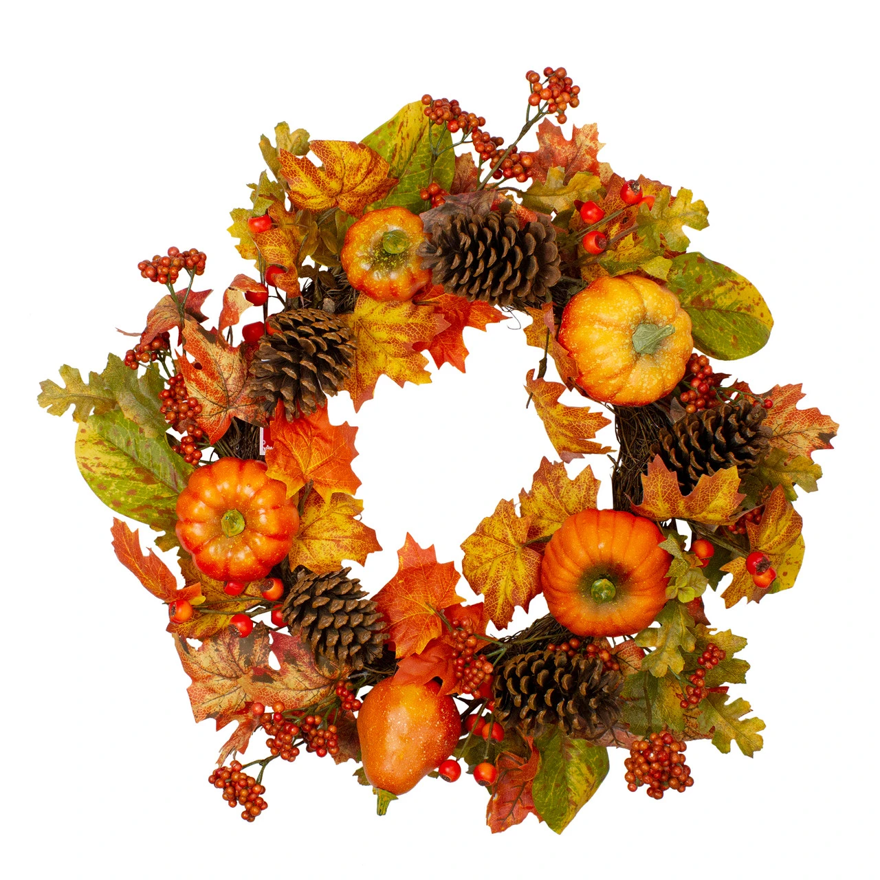 Orange Pumpkins, Pine Cones And Berries Fall Harvest Wreath - 24 Inch, Unlit 3 Orange Pumpkins, Pine Cones And Berries Fall Harvest Wreath - 24 Inch, Unlit