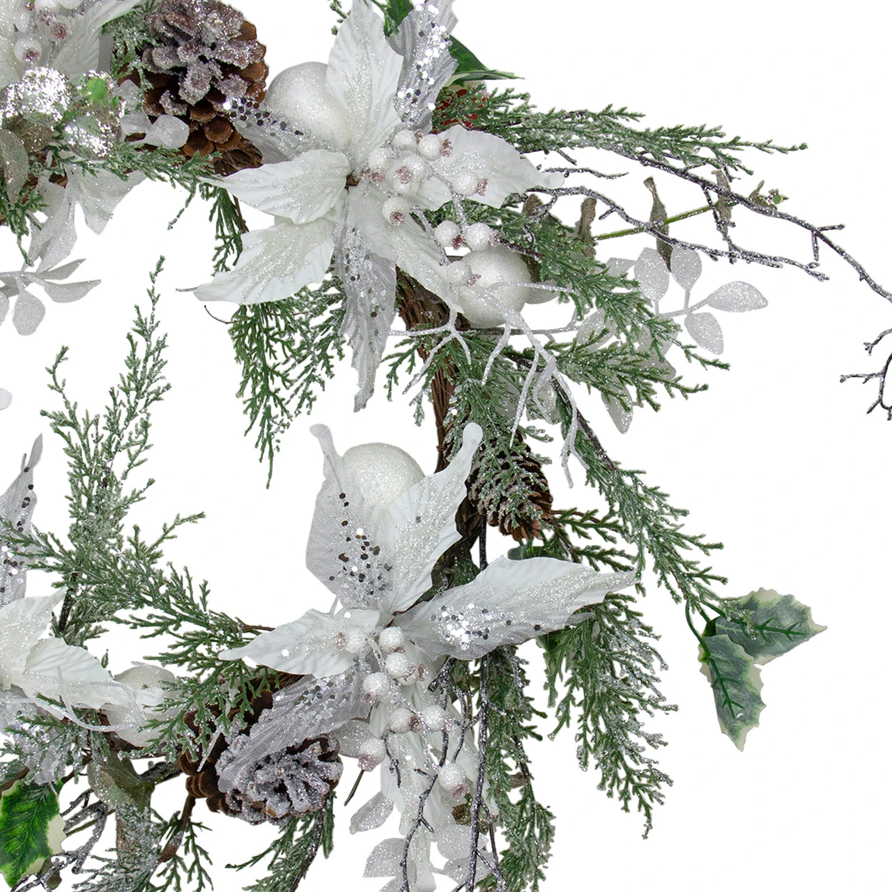 Iced White Poinsettia Artificial Christmas Wreath - 22 Inch, Unlit 5 Iced White Poinsettia Artificial Christmas Wreath - 22 Inch, Unlit - Image 3
