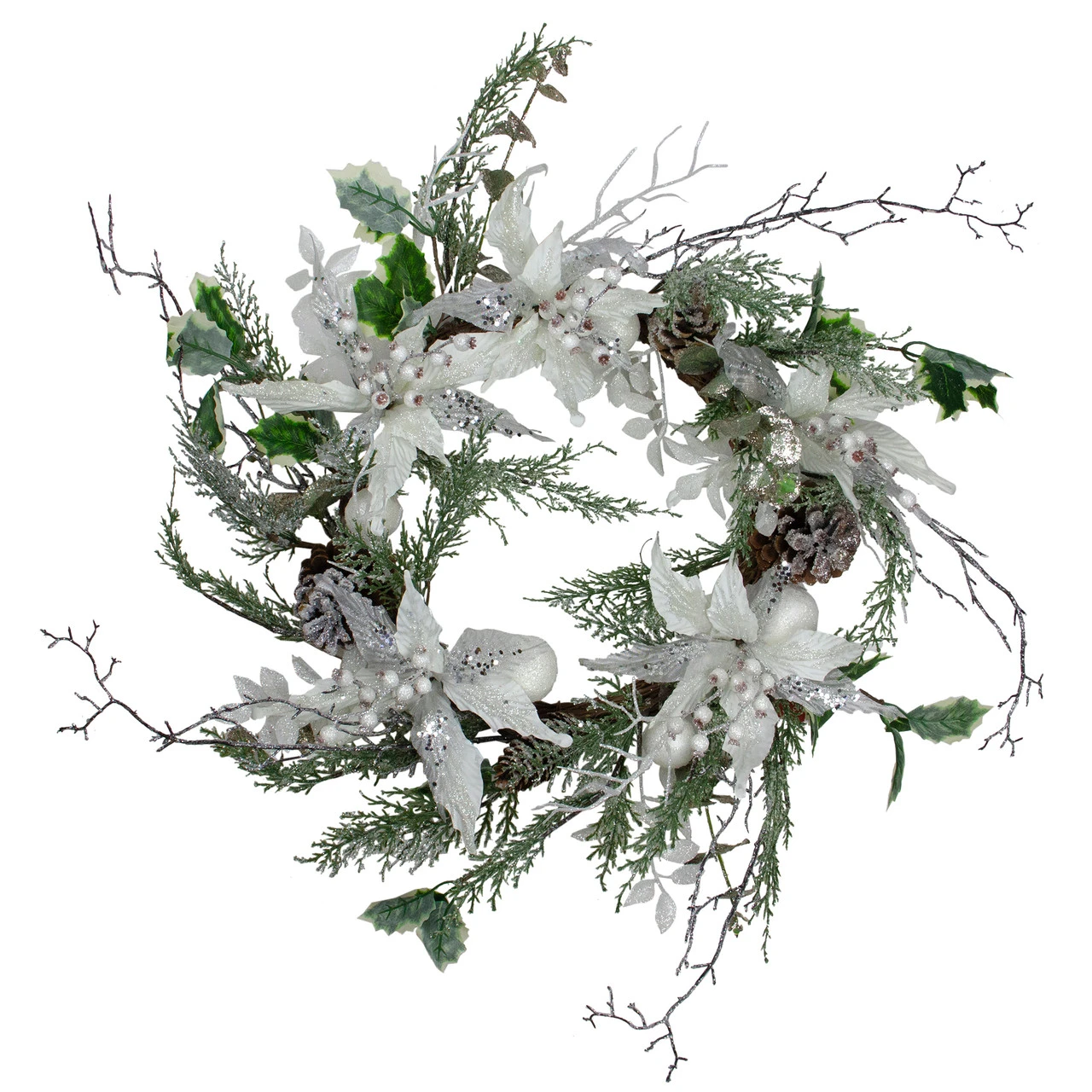 Iced White Poinsettia Artificial Christmas Wreath - 22 Inch, Unlit 3 Iced White Poinsettia Artificial Christmas Wreath - 22 Inch, Unlit