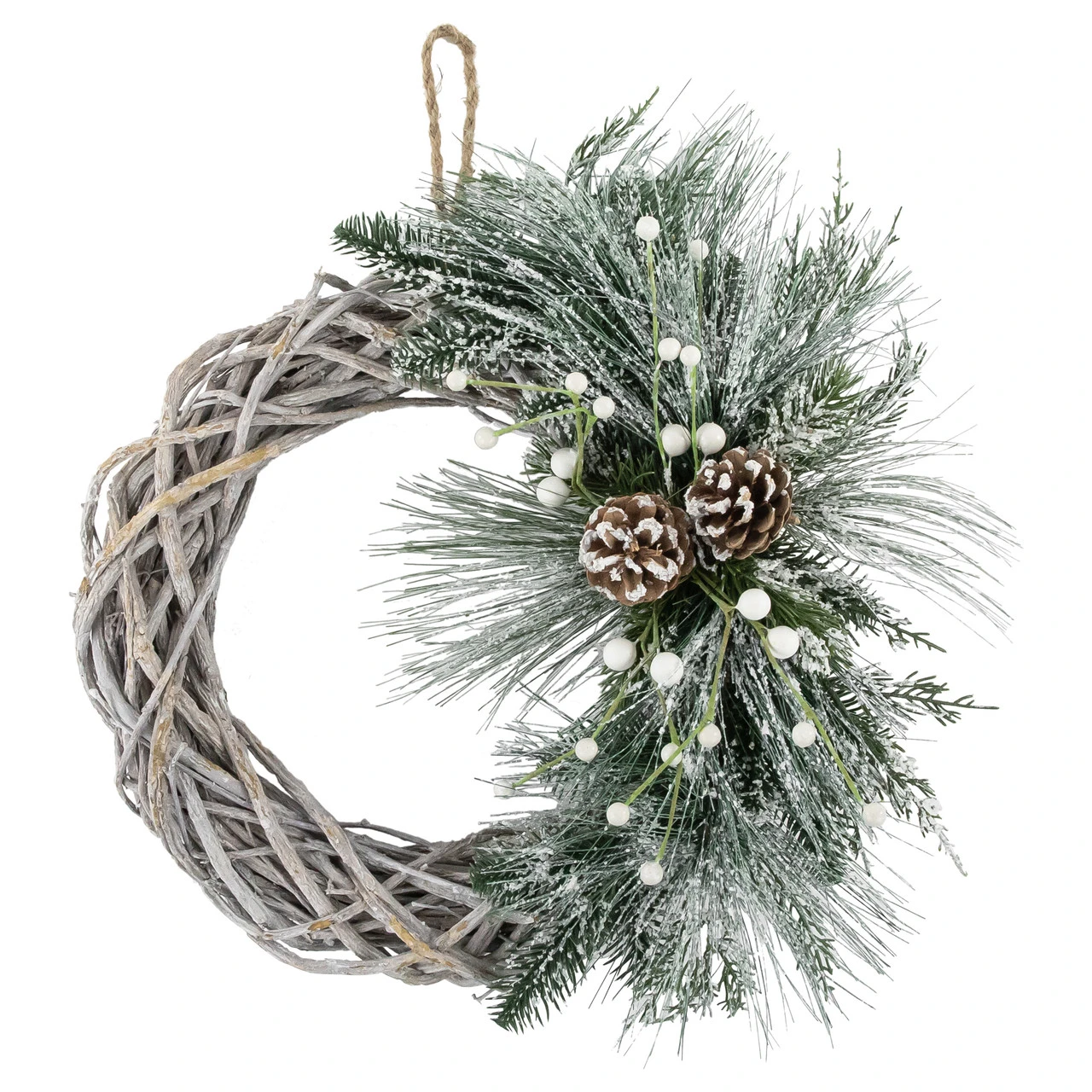 Frosted Pine Cone And Foliage Artificial Christmas Twig Wreath, 15 Inch, Unlit 3 Frosted Pine Cone And Foliage Artificial Christmas Twig Wreath, 15 Inch, Unlit