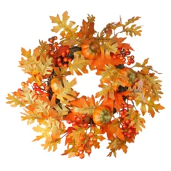 Autumn Leaves, Pumpkins And Berries Artificial Thanksgiving Wreath, 22-Inch, Unlit