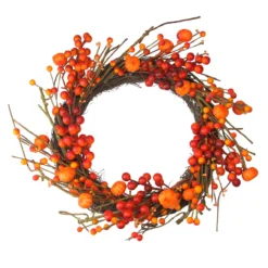 Red And Orange Fall Berry And Mini Pumpkin Artificial Thanksgiving Wreath - 20-Inch, Unlit