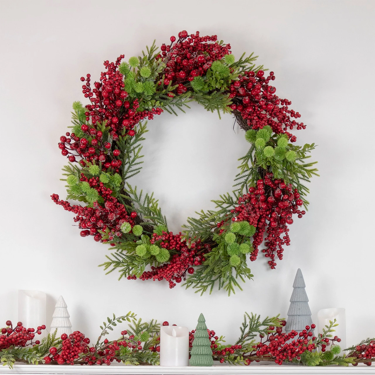 5' X 8" Frosted Pine And Red Berry Christmas Garland - Unlit 4 5' X 8" Frosted Pine And Red Berry Christmas Garland - Unlit - Image 2