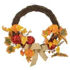 Fall Foliage With Mum Flowers Artificial Thanksgiving Twig Wreath, 20-Inch