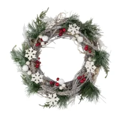 Snowflakes And Berries Winter Foliage Christmas Wreath, 24-Inch, Unlit
