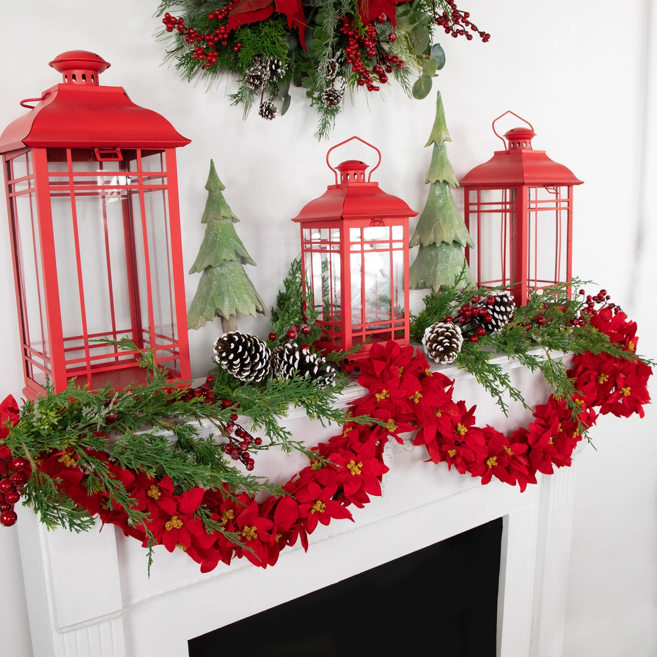 6' X 3" Red Artificial Poinsettia Floral Christmas Garland - Unlit 4 6' X 3" Red Artificial Poinsettia Floral Christmas Garland - Unlit - Image 2