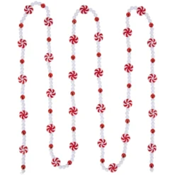 9' Red And White Peppermint Candy Beaded Christmas Garland, Unlit