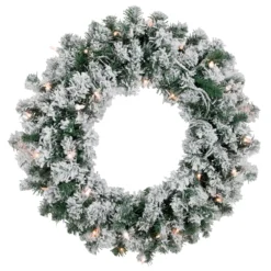Pre-Lit Flocked Snow White Artificial Christmas Wreath, 24-Inch, Clear Lights