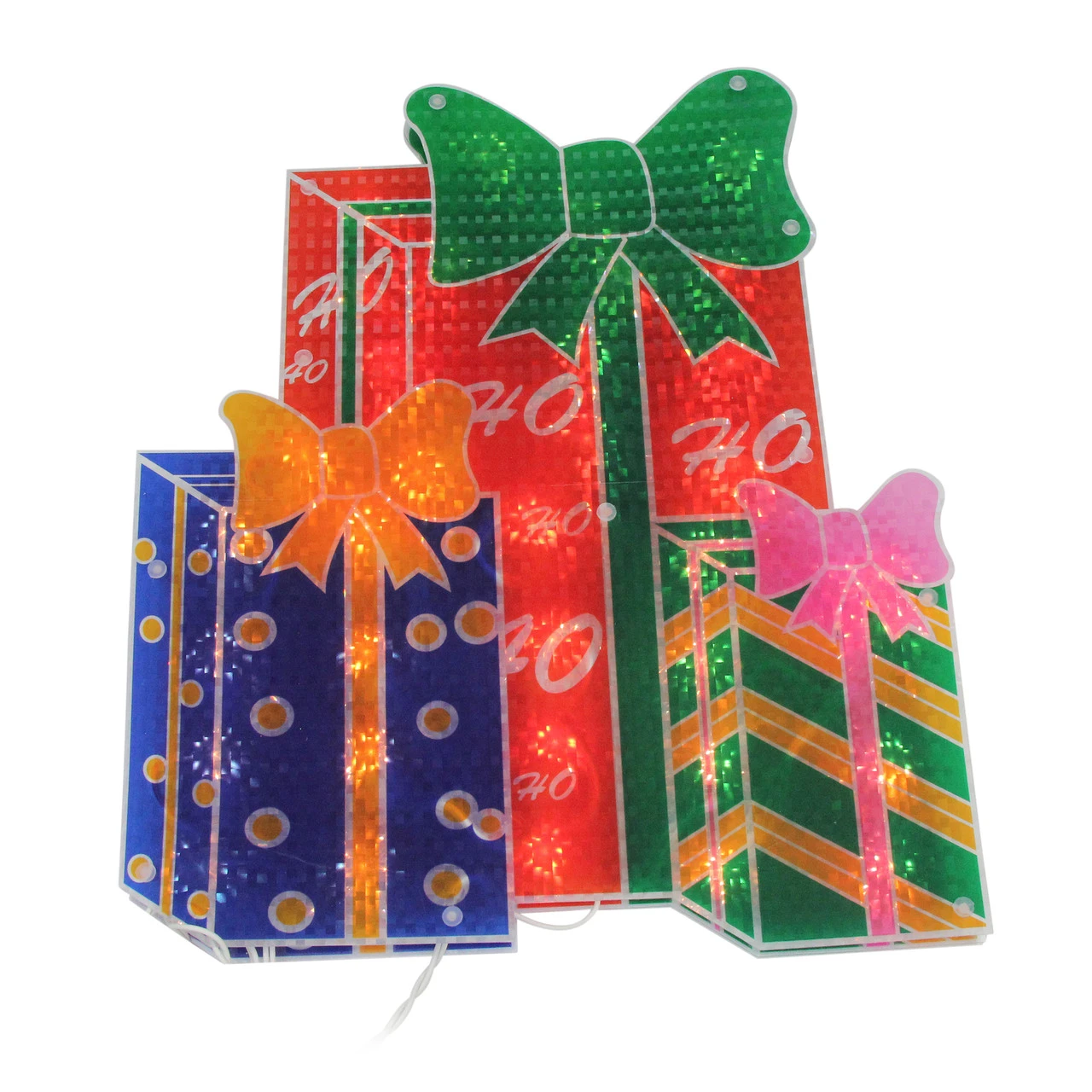 17" Green And Red Double-Sided Lighted Holographic Shimmering Christmas Presents Window Silhouette 3 17" Green And Red Double-Sided Lighted Holographic Shimmering Christmas Presents Window Silhouette