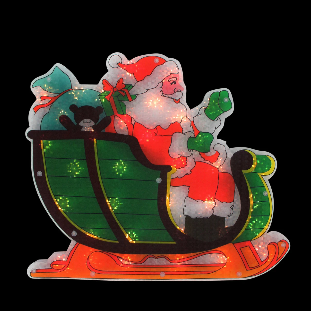 17" Pre-Lit Green And Red Holographic Santa In Sleigh Christmas Window Silhouette Decoration 4 17" Pre-Lit Green And Red Holographic Santa In Sleigh Christmas Window Silhouette Decoration - Image 2
