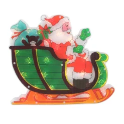 17" Pre-Lit Green And Red Holographic Santa In Sleigh Christmas Window Silhouette Decoration