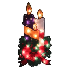 17.5" Lighted Holly And Berry With Candles And Bow Christmas Window Silhouette