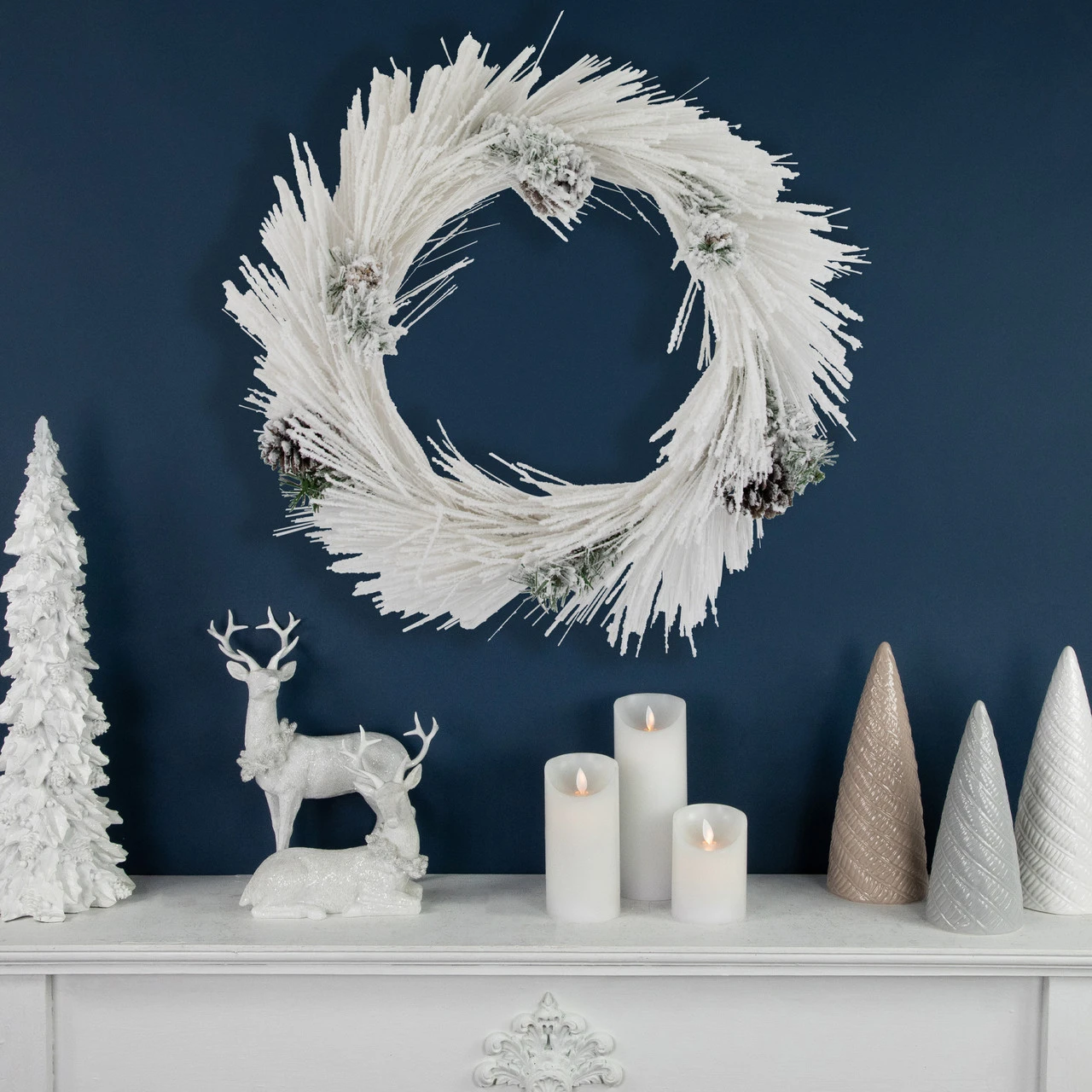24" White Flocked Artificial Christmas Wreath With Pine Cones 4 24" White Flocked Artificial Christmas Wreath With Pine Cones - Image 2
