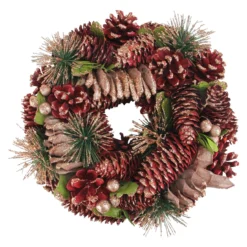 Dusty Rose And Red Pine Cones Glitter Artificial Christmas Wreath, 10-Inch, Unlit