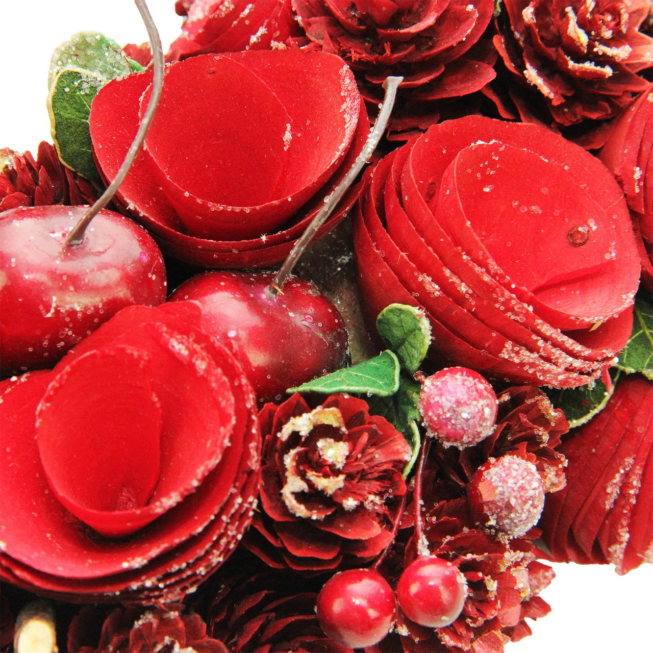 Red Wooden Rose And Cherries Valentine's Day Heart Wreath, 13-Inch, Unlit 5 Red Wooden Rose And Cherries Valentine's Day Heart Wreath, 13-Inch, Unlit - Image 3