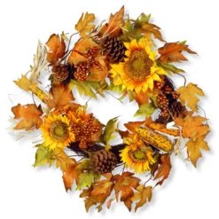 Autumn Sunflower Artificial Wreath - 24-Inch, Unlit
