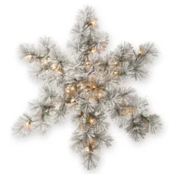 32β Pre-Lit Snowy Bristle Pine Snowflake With Battery Operated Warm White LED Lights