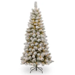 7.5’ Pre-Lit Snowy Bristle Pine Slim Pine Tree With Clear Lights