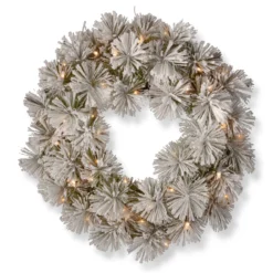 24โ Pre-Lit Snowy Bristle Pine Wreath With Battery Operated Warm White LED Lights
