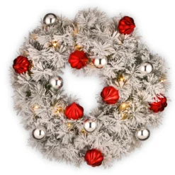 24โ Pre-Lit Snowy Bristle Pine Wreath With Battery Operated Warm White LED Lights With Timer