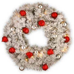 30β Pre-Lit Snowy Bristle Pine Wreath With Battery Operated Warm White LED Lights With Timer