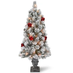 4โ Pre-Lit Snowy Bristle Pine Entrance Tree With Clear Lights In Silver Pot