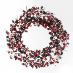 Red Berry And Pine Cone Snow Flocked Artificial Christmas Wreath - 24 Inches Unlit