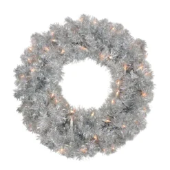 24" Pre-Lit Silver Sparkling Tinsel Artificial Christmas Wreath - Clear Lights