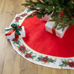 48" Red And White Poinsettia Christmas Tree Skirt