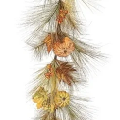 6' X 6" Pine And Fall Leaves With Pumpkins Artificial Thanksgiving Garland - Unlit