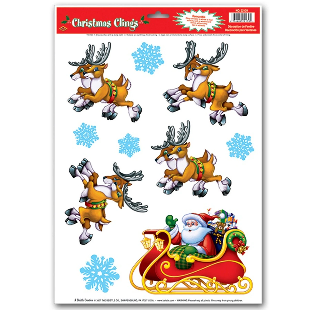 Club Pack Of 120 Santa And Reindeer Window Clings Christmas Decorations 17" 3 Club Pack Of 120 Santa And Reindeer Window Clings Christmas Decorations 17"
